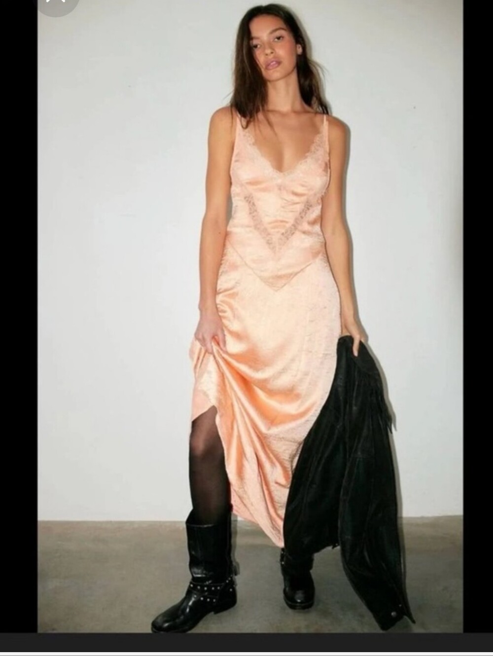 Free People Peach Satin Slip Maxi Dress with Lace
